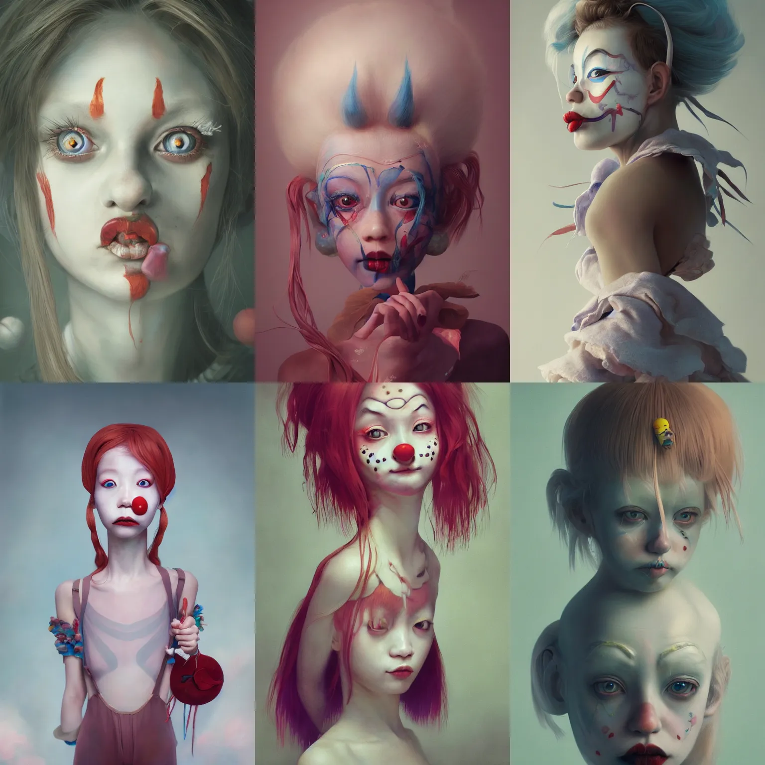 Prompt: breathtaking detailed painting of clown girl , with anxious, piercing eyes, art by Hsiao-Ron Cheng, James jean, Miho Hirano, Hayao Miyazaki, extremely moody lighting, hyperrealistic, octane render, ambient light, dynamic lighting