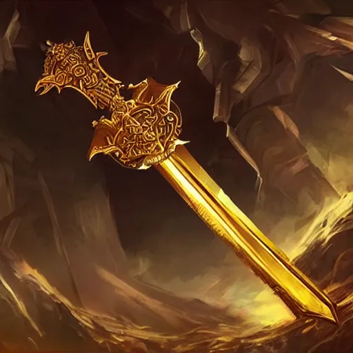 Prompt: an artwork of a giant golden sword, a broad blade sword weapon, epic fantasy style, fantasy epic digital art