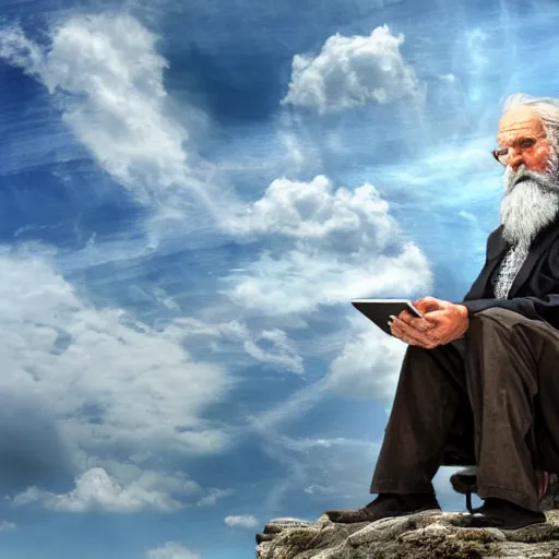 Image similar to dignital art of a bearded old man sitting on a cloud in the sky using a desktop computer 3 5 mm hdr sunny