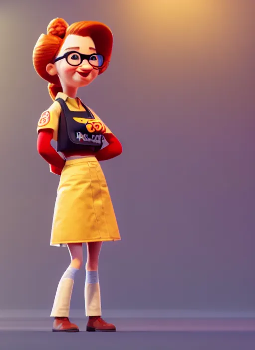 Image similar to a young woman working at burgerking in 1 9 8 5, pixar character design, rendering, artstation trending, cgsociety, golden ratio, octane render, ray traced, 8 k