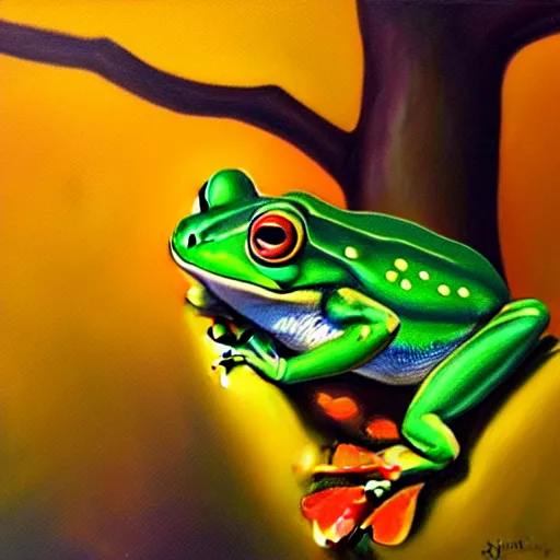 Image similar to beautiful oil painting of frog on a tree, sunlight, award - winning, matte,