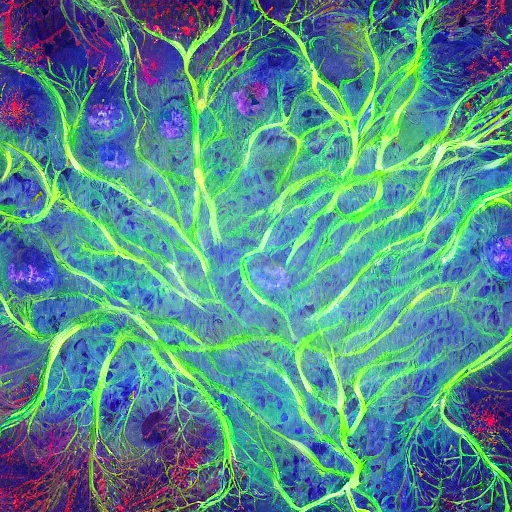 Prompt: a beautiful painting of a mycelium like neural networks under plowed land, magic cosmic vibes, trending on artstation