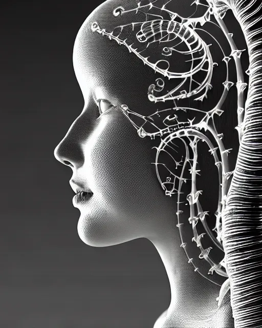 Image similar to mythical dreamy black and white organic bio - mechanical spinal ribbed profile face portrait detail of translucent steampunk beautiful female angelic - human - queen - vegetal - cyborg, highly detailed, intricate crystal ivy jelly ornate, poetic, translucent roses ornate, 3 d render, digital art, octane render, 8 k artistic photography, photo - realistic, by dora maar