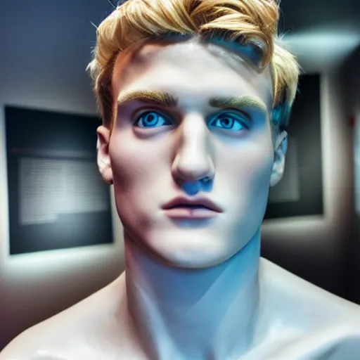 Image similar to a realistic detailed photo of a guy who is an attractive humanoid who is half robot and half humanoid, who is a male android, youtuber jake paul, shiny skin, posing like a statue, blank stare, at the museum, on display