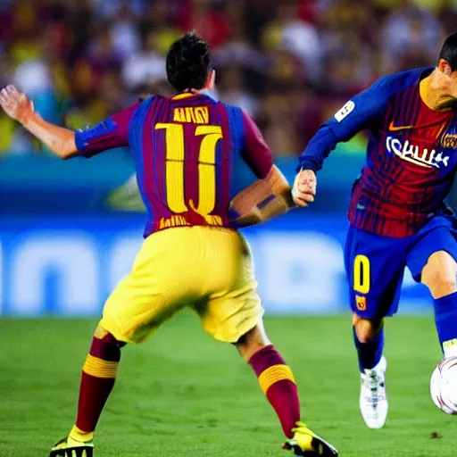 Prompt: Cristiano Ronaldo and Lionel Messi playing together in FC Barcelona. Realistic.