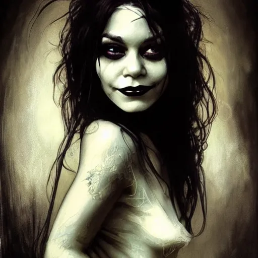 Image similar to beautiful portrait of vanessa hudgens as death from sandman, smiling, by cedric peyravernay, alphonse mucha, by jeremy mann, by lecouffe deharme, goth chic, soft lightning, eyeliner, punk rock, high detailed, 8 k