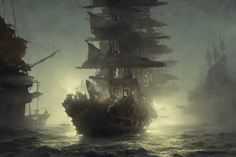 Image similar to an old pirate ship in space, digital painting, volumetric light, intricate, sharp, focus, bloom, illustration, highly detailed, concept art, matte, ruan jia, randy vargas, greg rutkowski