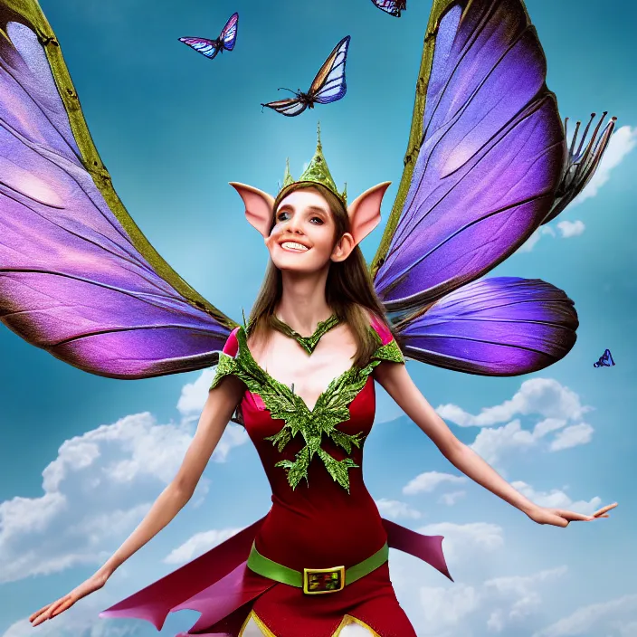 Prompt: photo of a beautiful elf queen flying on a giant butterfly, highly detailed, 8 k, hdr, smooth, sharp focus, high resolution, award - winning photo