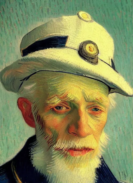 Prompt: portrait of a very old sailor with white hair and captain's hat, asleep, detailed realism face in painting, detailed beautiful portrait, expressionist oil painting masterpiece, 8 k resolution, smooth, sharp focus, pastel color palette, trending on artstation, by van gogh