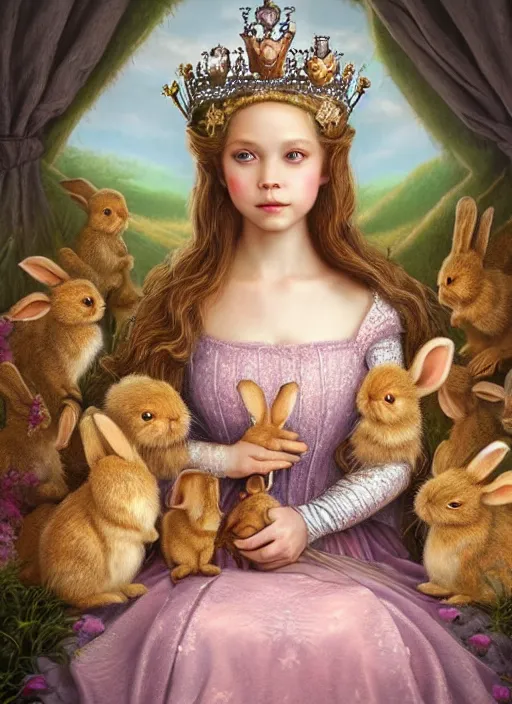 Image similar to highly detailed closeup portrait of a fairytale medieval princess wearing a crown and sitting on a throne, surrounded by cute bunnies, unreal engine, nicoletta ceccoli, mark ryden, earl norem, lostfish, global illumination, god rays, detailed and intricate environment