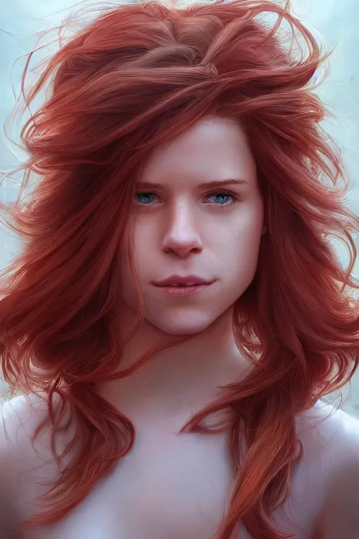 Image similar to ultra realistic style illustration of a beautiful cute red haired joyful teen girl, long hair, face of teen kate mara, sci - fi, fantasy, intricate, elegant, digital painting, artstation, concept art, smooth, sharp focus, illustration, 8 k frostbite 3 engine, ultra detailed, art by artgerm and greg rutkowski and magali villeneuve