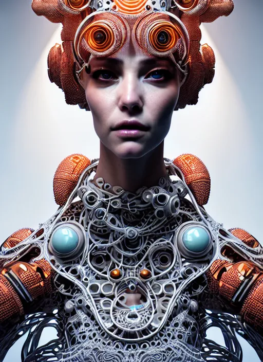 Image similar to portrait of an absurdly beautiful, graceful, sophisticated, fashionable cyberpunk mechanoid, hyperdetailed illustration by irakli nadar and alexandre ferra, intricate linework, white porcelain skin, faberge, coral headdress, unreal engine 5 highly rendered, global illumination, radiant light, detailed and intricate environment