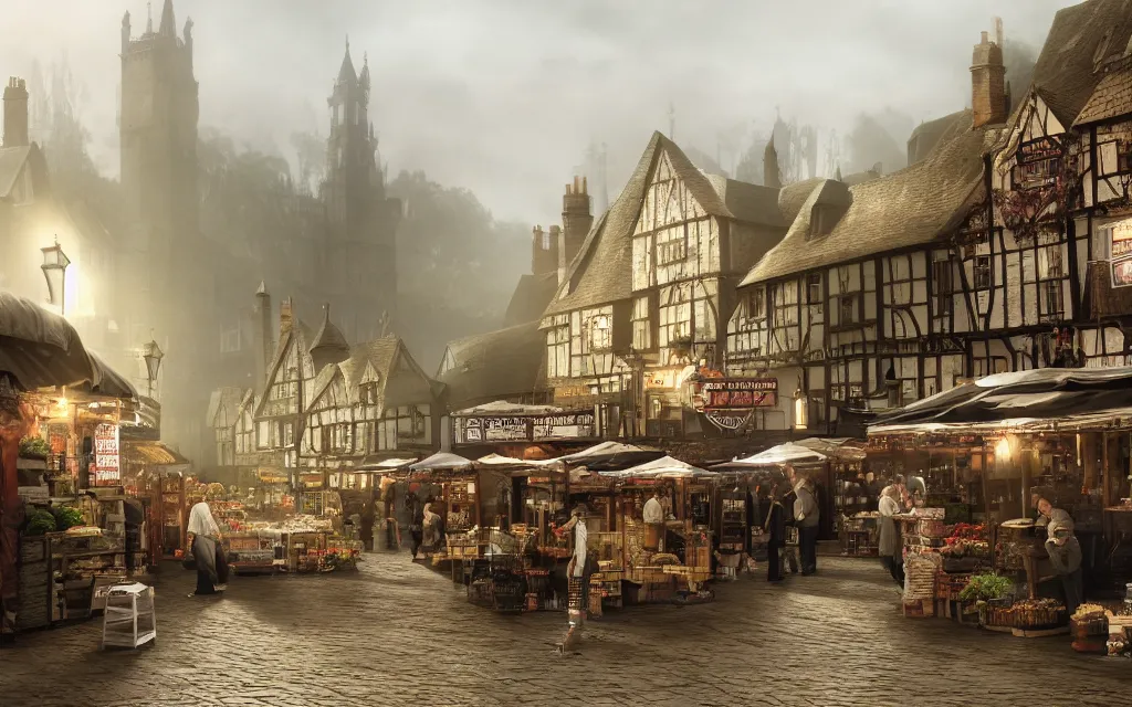 Prompt: at the market of a medeveil english town with mist, highly detailed, cinematic lighting, render, fantasy