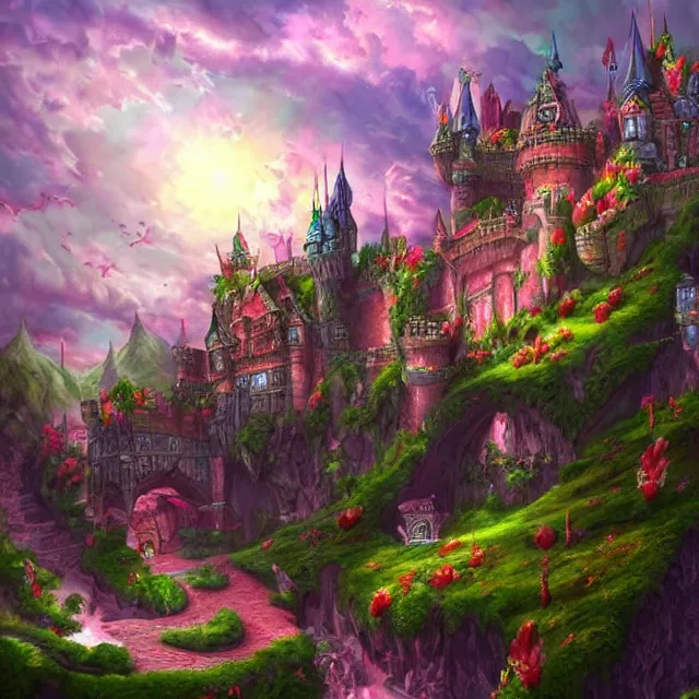 Image similar to infinitely detailed scenery art expanding fantasy dream art candy world with a castle made out of candy detailed scenery artwork, candy scenery artwork scenery artstation!! scenery pixiv!!