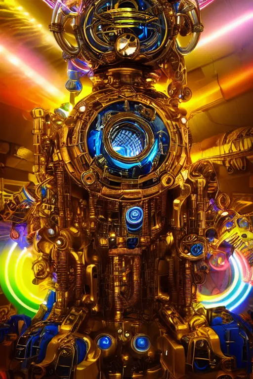 Image similar to portrait photo of a giant huge golden and blue metal futuristic steampunk robot covered with multicolored big gears and tubes, a huge steampunk drumset, eyes are glowing red lightbulbs, shiny crisp finish, 3 d render, 8 k, insaneley detailed, fluorescent colors, background is multicolored lasershow