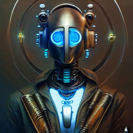 Image similar to front shot of a cyberpunk gazmask robot character, intricate, elegant, highly detailed, centered, digital painting, artstation, concept art, smooth, sharp focus, illustration, artgerm, Tomasz Alen Kopera, Peter Mohrbacher, donato giancola, Joseph Christian Leyendecker, WLOP, Boris Vallejo