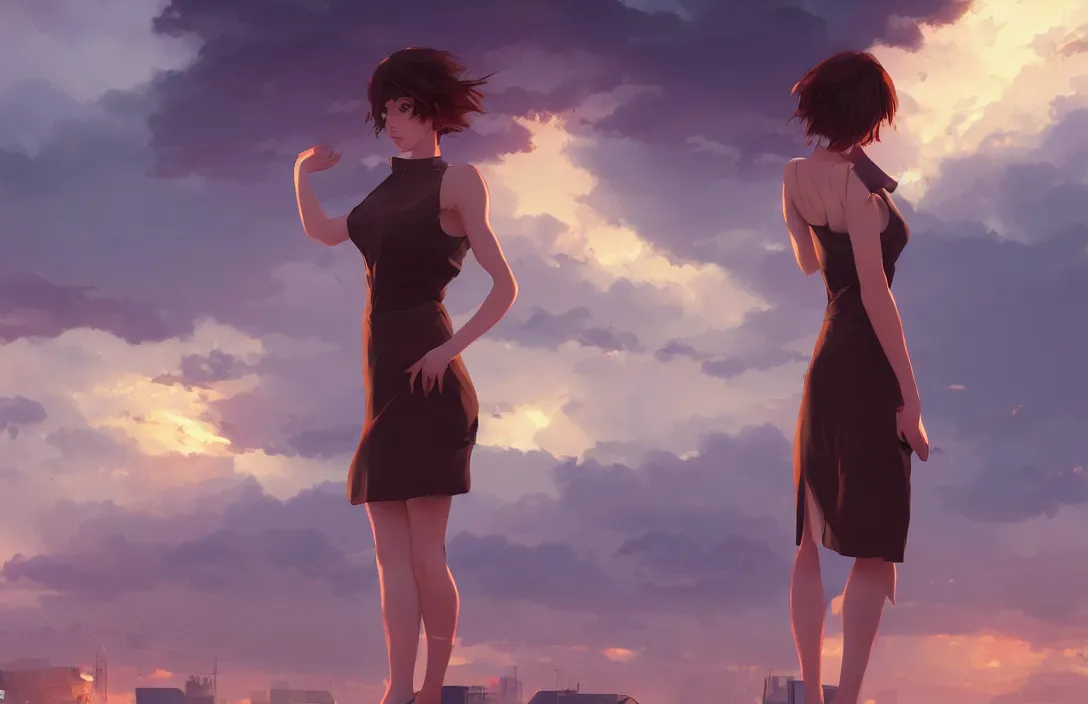 Prompt: a beautiful british woman with short brown hair, gentle, somber amber eyes, standing on a rooftop, storm in the distance, basic clothing, digital art by makoto shinkai ilya kuvshinov and wojtek fus, digital art, concept art,