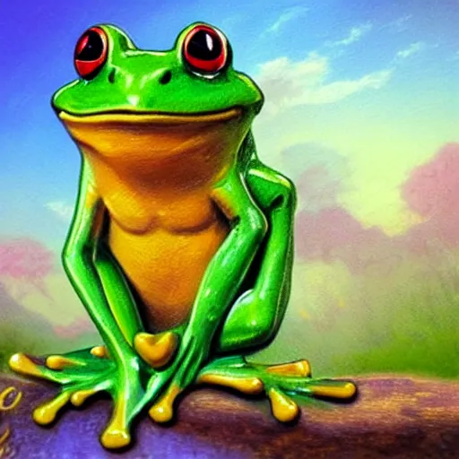 Prompt: a frog in the style of thomas kinkade