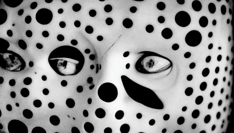 Prompt: 50s movie still close-up portrait of a white female japanese phantom with trypophobia mask in a liminal space style tunnel, early black and white 8mm, heavy grain, low quality,