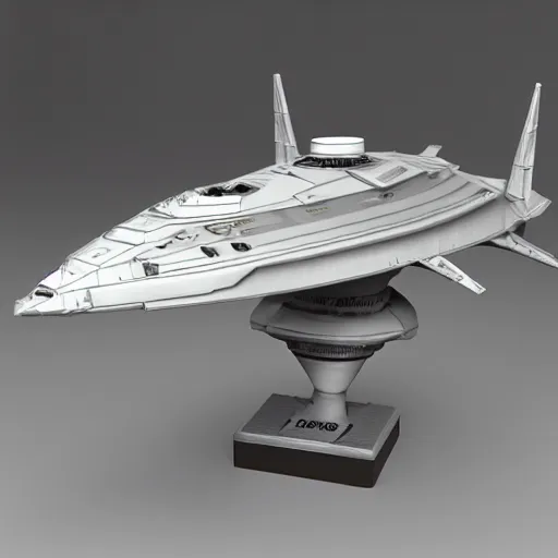 Prompt: hyperrealistic model starship sitting on a table