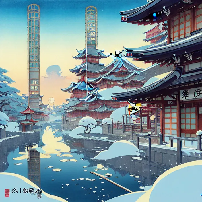 Image similar to japanese city, winter, in the style of studio ghibli, j. c. leyendecker, greg rutkowski, artem