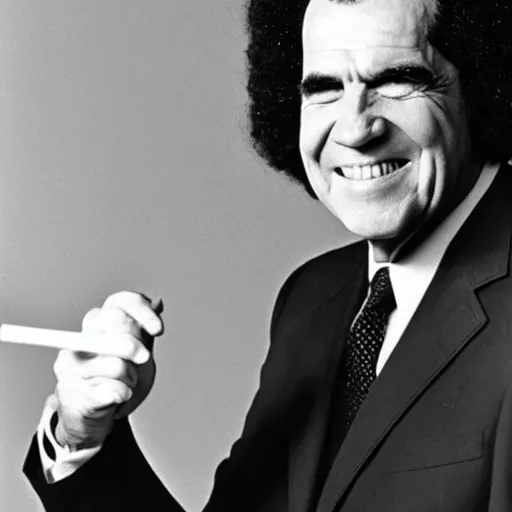 Prompt: Richard Nixon with an afro and a joint, 1971