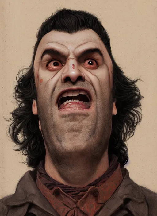 Prompt: portrait of Nandor from What We Do in the Shadows (2019), highly detailed, centered, solid color background, digital painting, artstation, concept art, smooth, sharp focus, illustration, artgerm, donato giancola, Joseph Christian Leyendecker, Les Edwards, Ed Repka, WLOP, Artgerm