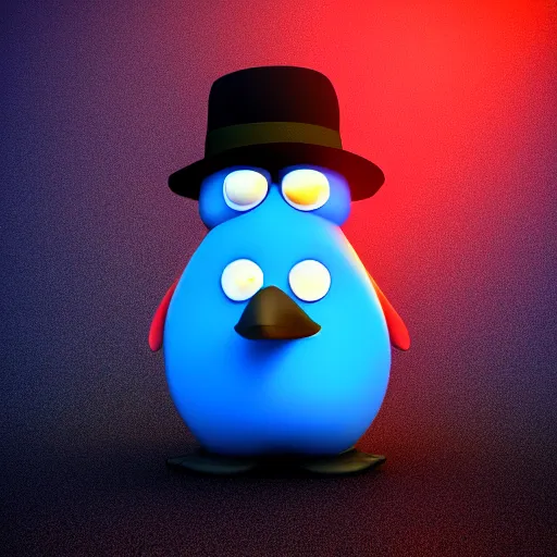 Image similar to Beautiful 3d tender of a angry blue pingüin with a hat Made strawberry dramatic lighting