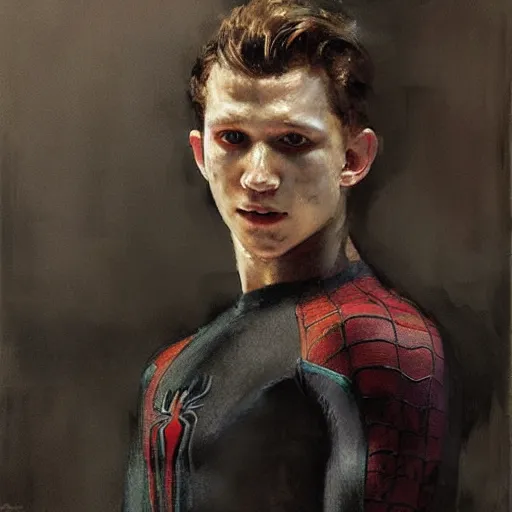 Image similar to portrait of tom holland as spiderman, by jeremy mann, anders zorn.