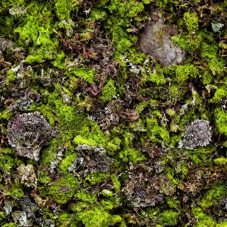 Image similar to a lichens and moss close-up various fungus, mushrooms and plants, inside the picture is infinity, Atmospheric phenomenon, artistic photography, muted colors, conceptual, long exposure outside the city, volumetric light