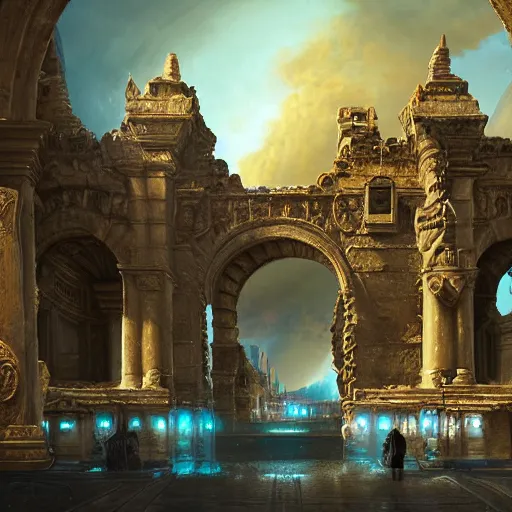 Image similar to carved futuristic gateway at the end of ancient ornate steps with a large wide window to a city which details the vast architectural scientific ancient and cultural achievements of humankind, magical atmosphere, molecules and machines, renato muccillo, jorge jacinto, damian kryzwonos, ede laszlo, highly detailed digital art, cinematic blue and gold