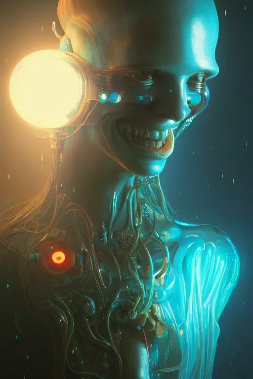 Image similar to portrait of a cute smiling bioluminescent creature, cyberpunk, dark retrowave, highly detailed, asymmetrical artwork, cinematic, hyperrealism, art by zdzisław beksinski and stanley lau and artgerm and magali villeneuve and alphonse mucha, artstation, octane render, unreal engine, 8 k, aperture f 1. 2