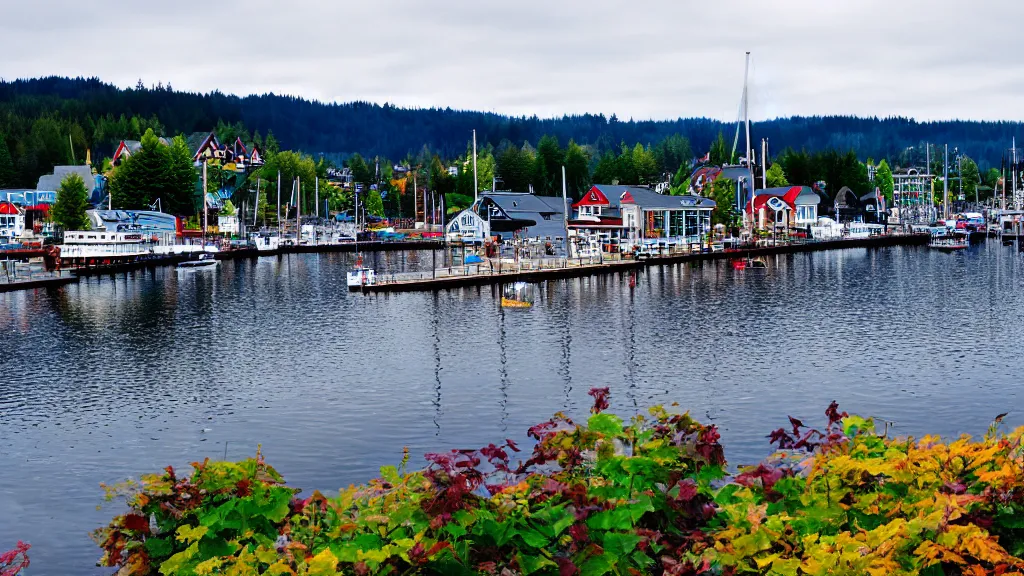 Prompt: scenic shot of little norway waterfront in poulsbo washington
