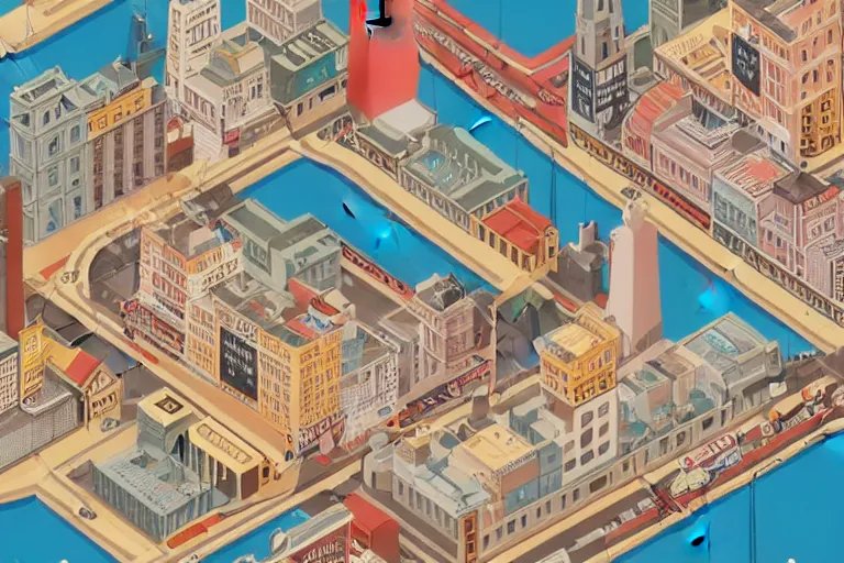 Prompt: isometric illustration of a city scape by Wes Anderson, hyperrealistic, photorealistic, artstyle, highly detailed, sharp