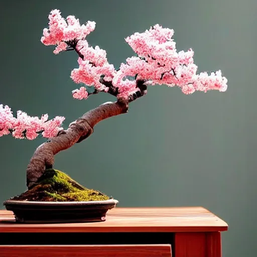 Prompt: a sakura bonsai tree on a desk in a living room, beautiful, high detail, cinematic, instagram,