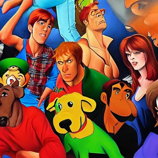 Image similar to an ultra - realistic portrait painting of scooby and the gang in the style of alex ross. 4 k. ultra - realistic. highly detailed. epic lighting.