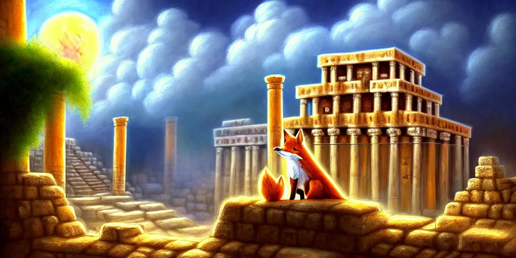 Image similar to illusion painting hidden temple in the clouds : an adorable small fox in the huge ruins of the second temple in jerusalem. a new temple hovers quietly hiding in the dreamy clouds above. a hooded bearded old man in a brown tunic laughing, colorful 8 k, art station, intricate superb details, digital art, illusion painting hidden image.