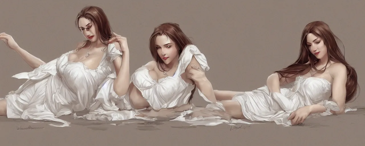 Image similar to character design, reference sheet, ancient white dress, relaxing, cute, young female, happy, beautiful, elegant, no shoes, open v chest clothes, long dark hair, concept art, photorealistic, hyperdetailed, 3d rendering! , art by Leyendecker! and constable,