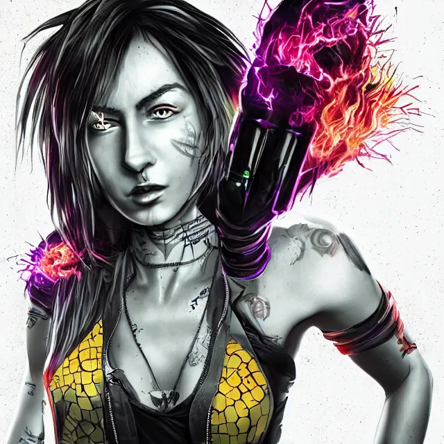 Image similar to a female raver / punk using her mutant fire powers in the style of leonard boyarsky trending on artstation deviantart pinterest hyper detailed photorealistic highlights and shadow hd 8 k post - processing high resolution