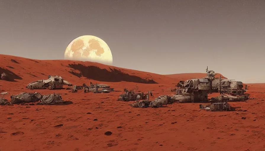 Image similar to craig mullins digital illustration of a moon base on a red desert planet, unreal engine, hyper realism, realistic shading, cinematic composition, realistic render, octane render, detailed textures, photorealistic, wide shot