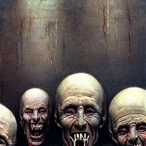Prompt: Presidents of federal nation laughing at dying people from hunger. Beksiński style, depth of field, scary, HD, painting