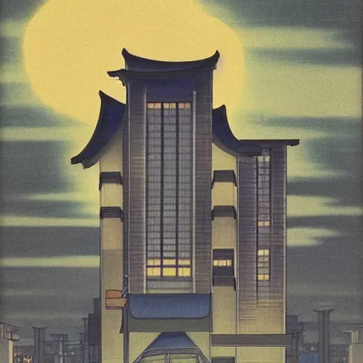 Prompt: a picture of a building that is lit up at night, an art deco painting by yoshida hanbei, spirited away, hayao miyazaki, pinterest, 1 9 9 0 s, 1 9 7 0 s