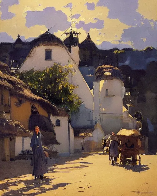Prompt: Painting by Greg Rutkowski, painting by Valentin Serov, at night a big ceramic jug with gold ornaments flies high in the night dark blue sky above a small village with white houses under thatched roofs, stars in the sky