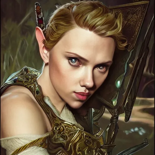 Prompt: Scarlett Johansson as a elf archer, cute, fantasy, intricate, elegant, highly detailed, centered, digital painting, artstation, concept art, smooth, sharp focus, illustration, art by artgerm and H R Giger and alphonse mucha