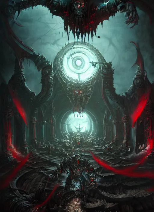 Image similar to wide shot of a warp portal, chaos demons emerging, blood runes glowing, intricate, warhammer, warhammer 4 0 k, highly detailed, digital painting, concept art, sharp focus, illustration, muted colors, grim dark, moody, gloomy, art by john blanche, by pedro nunez, by jaime martinez, by nacho molina