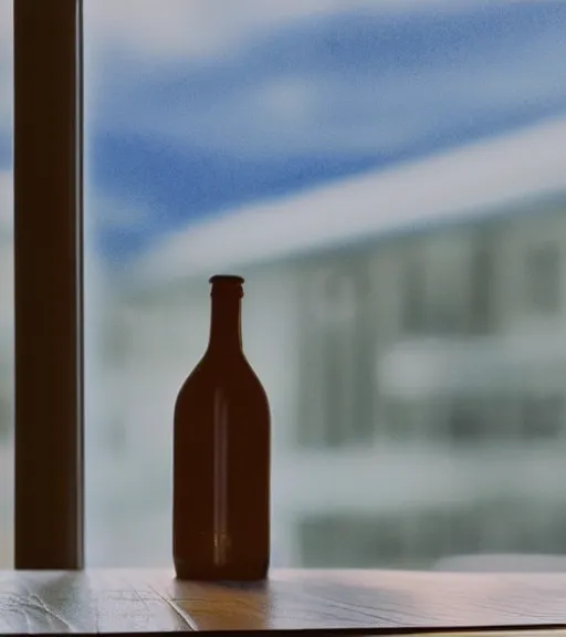 Image similar to a 4 k photorealistic photo of a bottle on a desk infront of a window. good reflections.