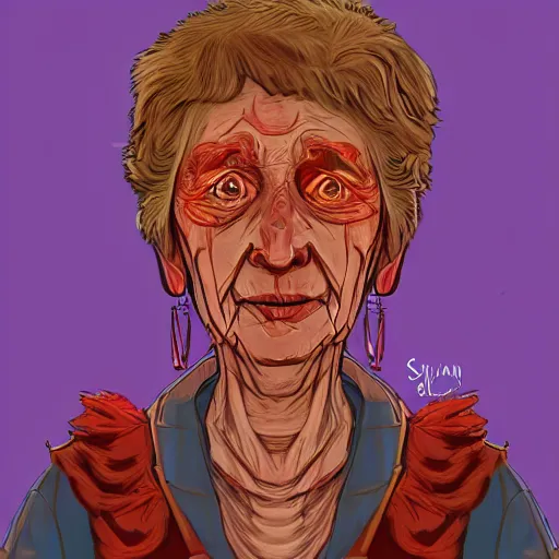 Prompt: An old lady with red skin, red skin, red skinned, in the style of Disco Elysium, Disco Elysium, Disco Elysium artwork