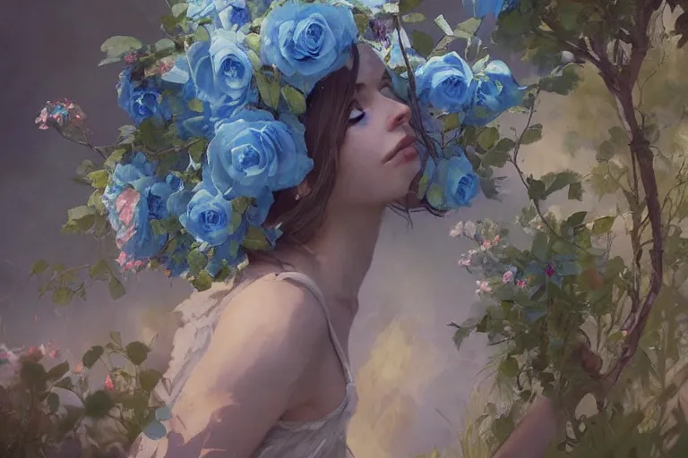 Image similar to a beautiful painting of blue roses garden, girl, by greg rutkowski, trending on artstation