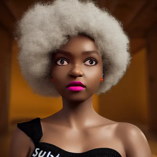 Image similar to young, super cute funky black girl, afro, off the shoulder shirt, sultry look, soulful, pouty lips, adorable, disney, real life, octane render, 8 k, volumetric lights, rim light, character details, 3 d, award winning, model, beautiful, gorgeous