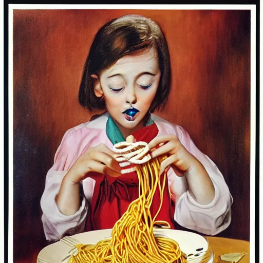 Image similar to girl eats spaghetti and crying spaghetti, style of Salvador Dali